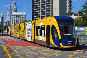 Testing Flexity2 tram, surfers paradise boulevard, March 2014; (c) by Bahnfrend (Own work) [CC BY-SA 3.0 (http://creativecommons.org/licenses/by-sa/3.0)], via Wikimedia Commons